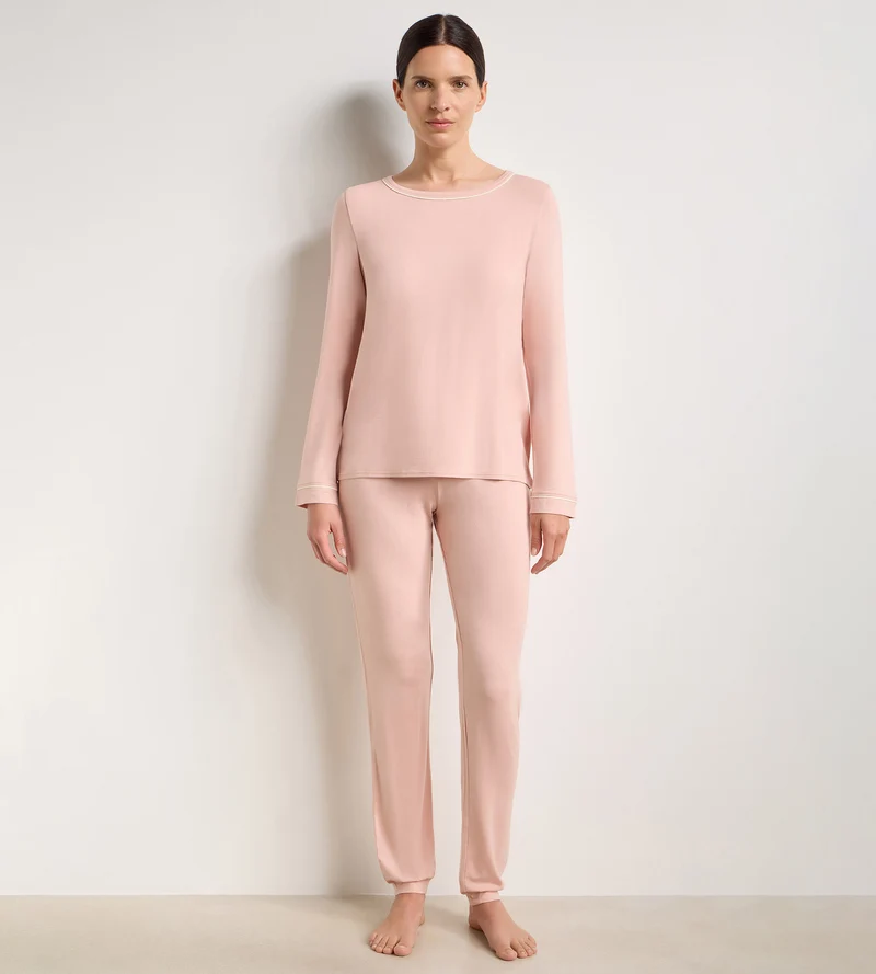 Elastisches Damen-Langarm-Oberteil mit Rundhalsausschnitt in Rosa „Soft Blush“