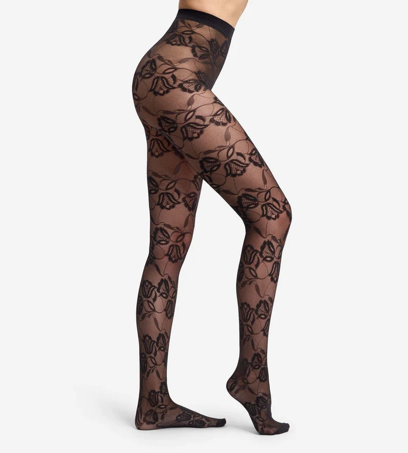 Fantasy-Strumpfhose mit Tulpen-Blumenmuster, schwarzer Samt, Style