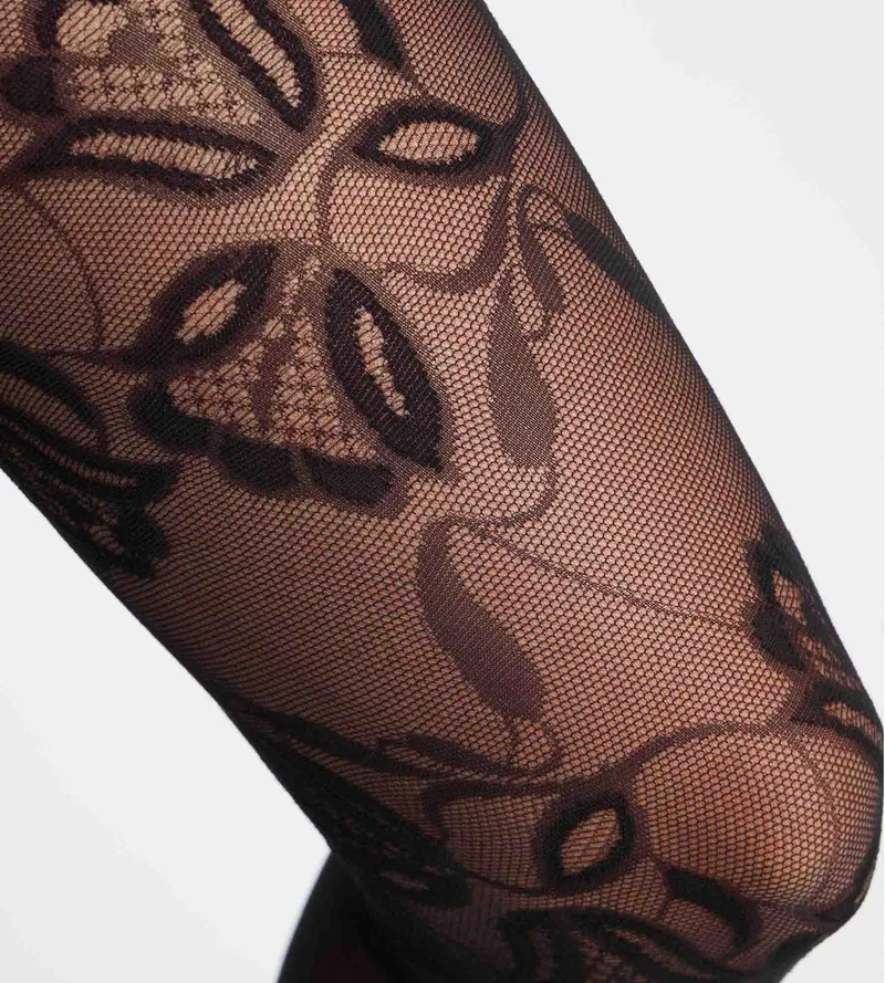 Fantasy-Strumpfhose mit Tulpen-Blumenmuster, schwarzer Samt, Style