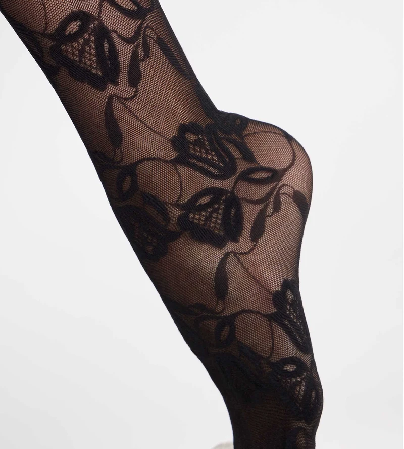 Fantasy-Strumpfhose mit Tulpen-Blumenmuster, schwarzer Samt, Style