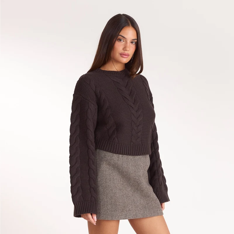 Cropped Cable-Knit Jumper - Dark Chocolate