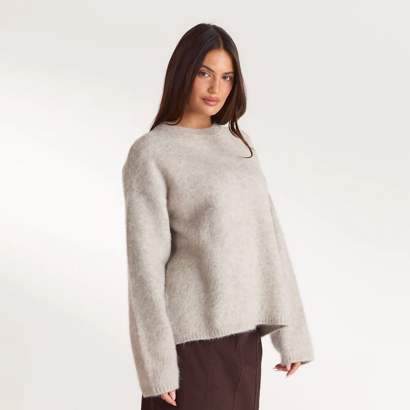 Fluffy Knitted Jumper - Warm Grey