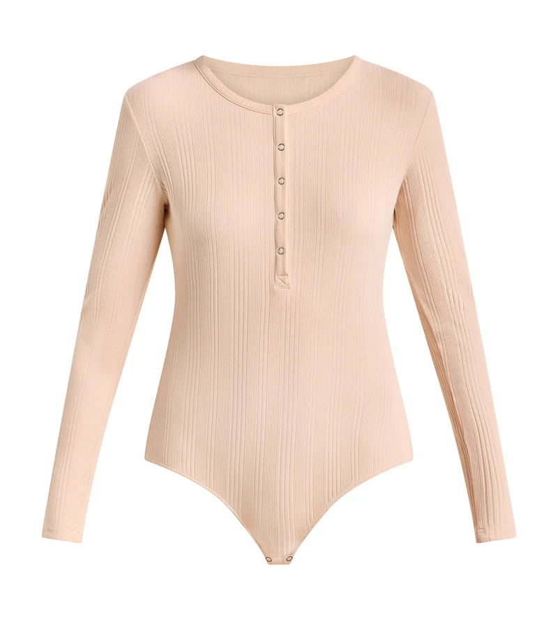 Langärmliges Damen-T-Shirt aus feinem, rosa Skin-Rippjersey von Dim x Ines de la Fressange