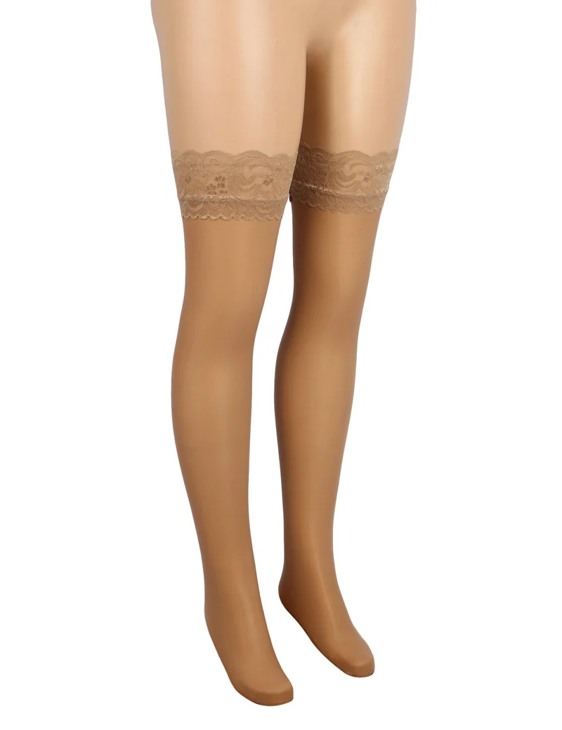 Nude Strümpfe mit vertikalen Streifen, Spitzenbesatz und Silikonband