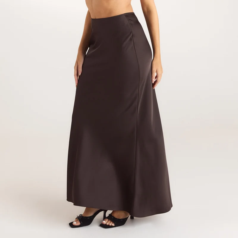 Satin Fitted Maxi Skirt - Chocolate