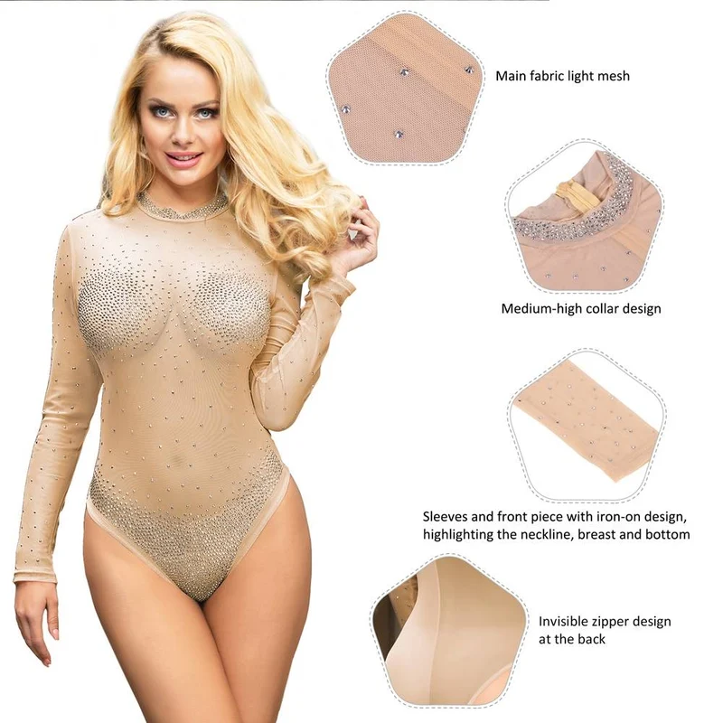 Beigefarbener Teddy-Pullover aus Mesh mit hohem Kragen – Langarm mit Strassdetails