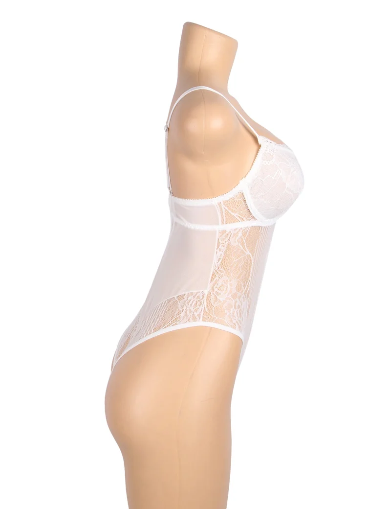 Weißer Spitzen-Mesh-Body – mit Bügeln, Hakenverschluss am Rücken und Cut-Out-Details