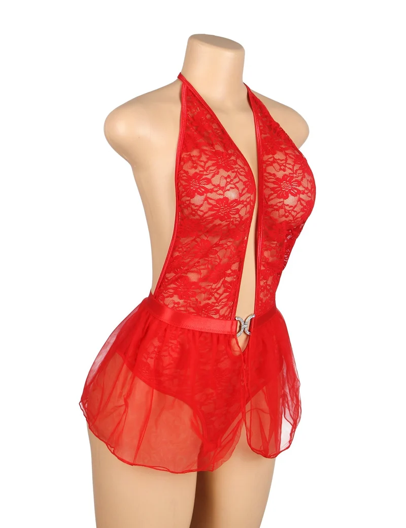 Set aus rotem Spitzen-Neckholder-Body und Mesh-Minirock – Tiefer V-Ausschnitt und offener Rücken