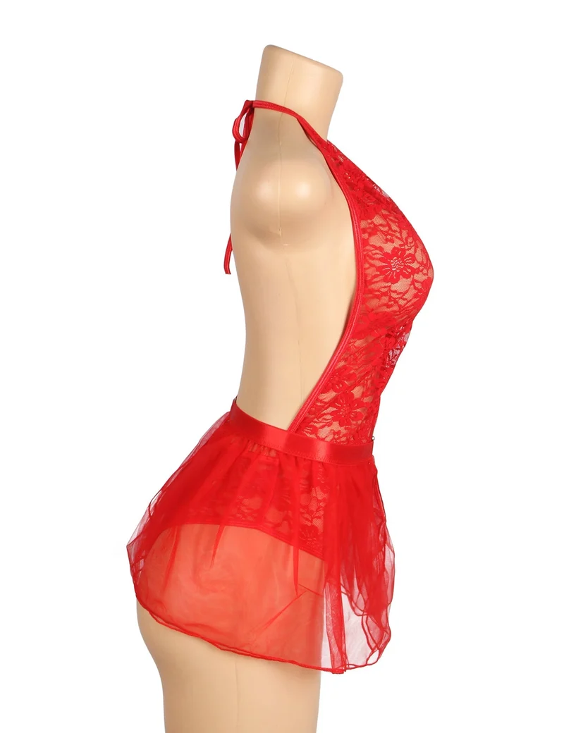 Set aus rotem Spitzen-Neckholder-Body und Mesh-Minirock – Tiefer V-Ausschnitt und offener Rücken