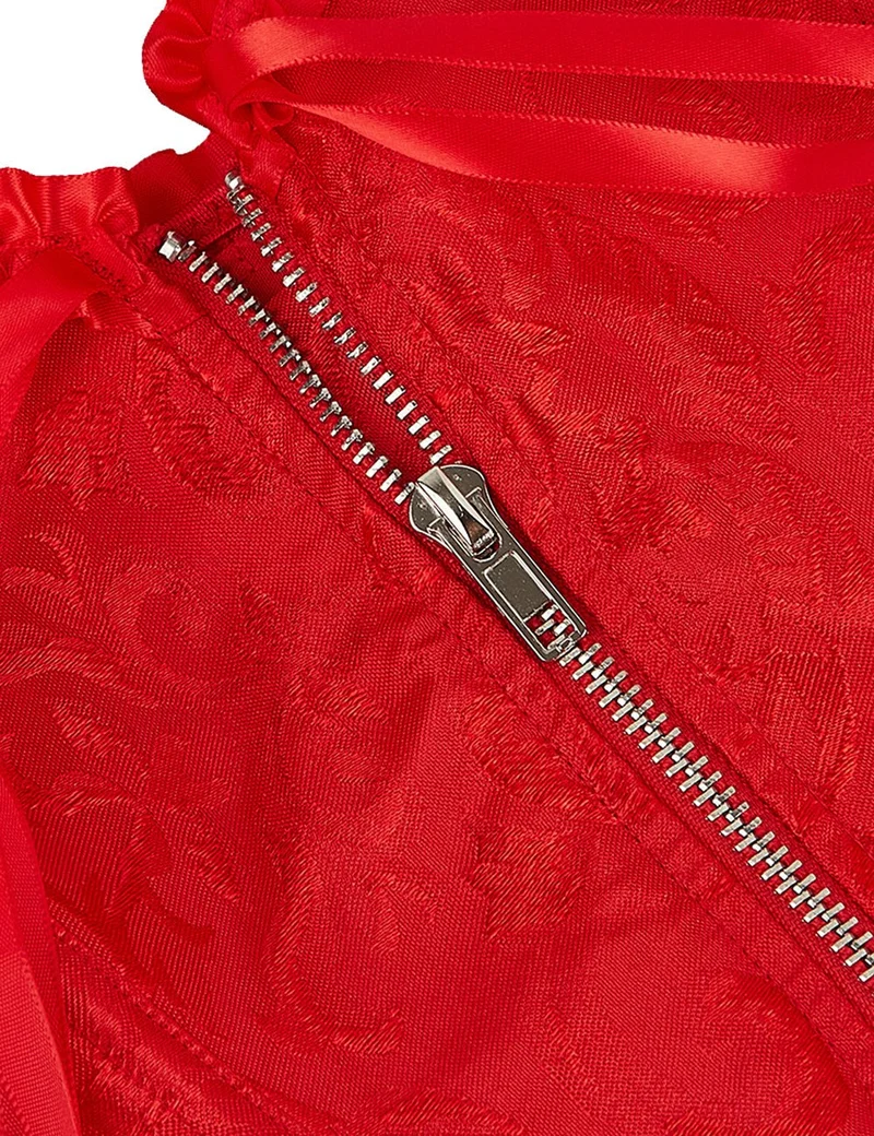 Rotes, besticktes Korsett mit Reißverschluss und verstellbarer Schnürung