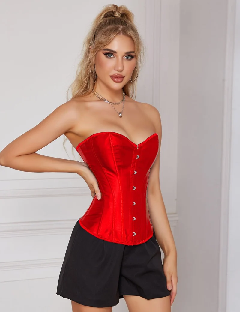 Rotes Satinkorsett mit Netzärmeln im Laternenstil und Stahlschnalle