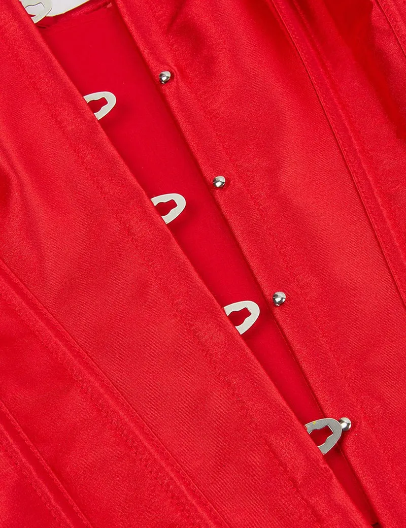 Rotes Satinkorsett mit Netzärmeln im Laternenstil und Stahlschnalle