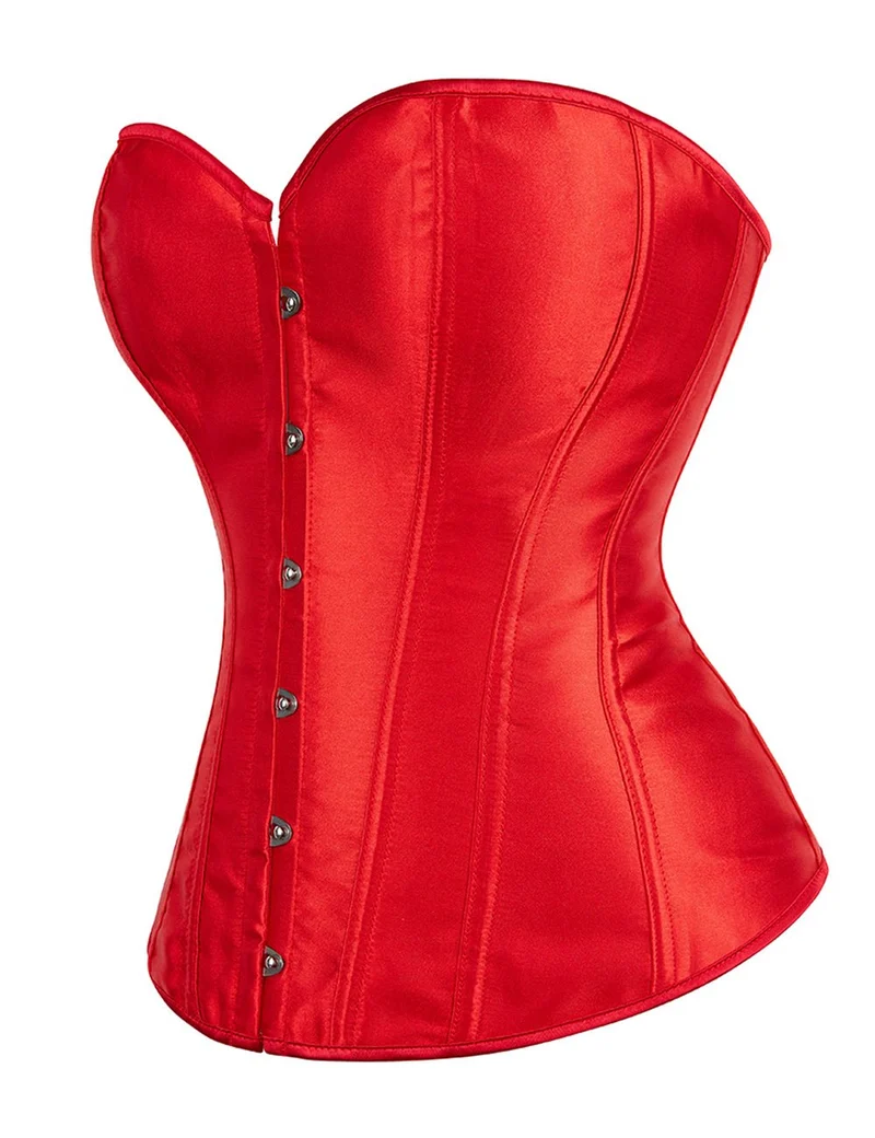 Rotes Satinkorsett mit Netzärmeln im Laternenstil und Stahlschnalle