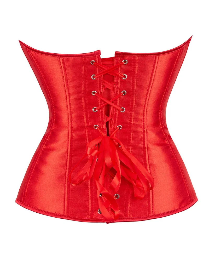 Rotes Satinkorsett mit Netzärmeln im Laternenstil und Stahlschnalle