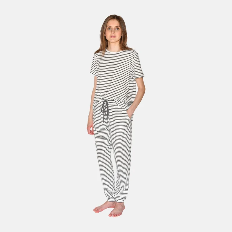 Weiß-grau gestreiftes Bambus-Pyjama-Set - T-Shirt und Nachthose