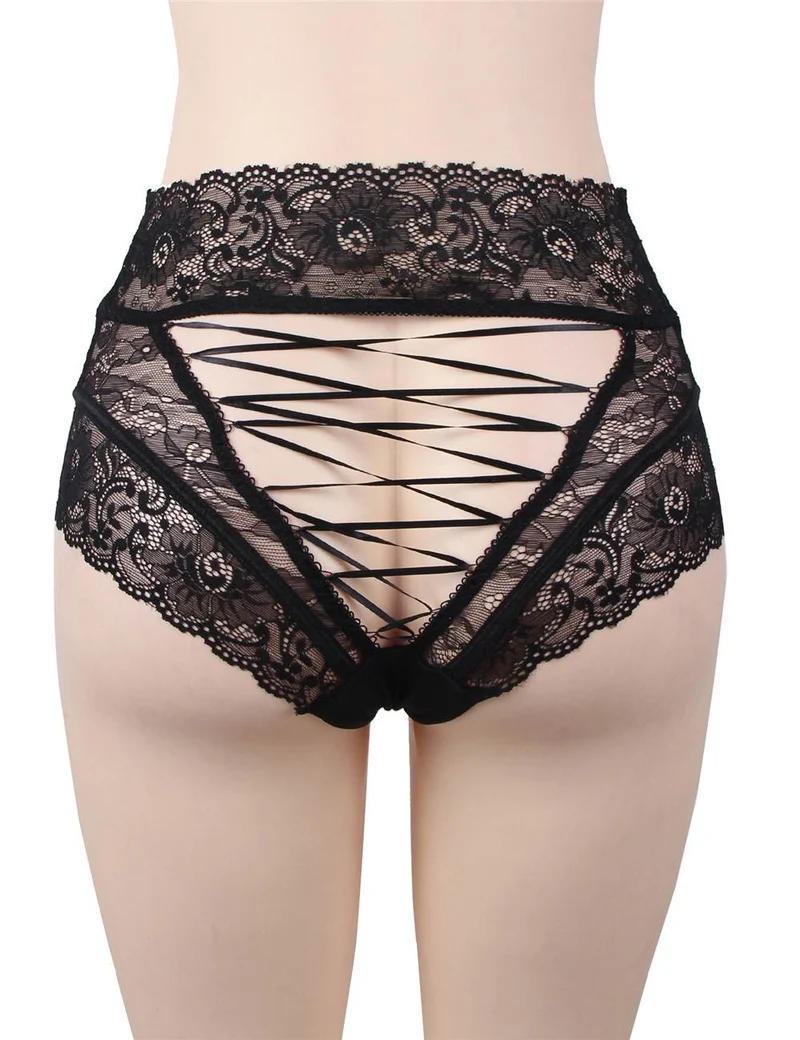 Schwarzer, hochgeschnittener 3D-Spitzenpanty – mit hohlem Rückenausschnitt und gekreuzten Trägern