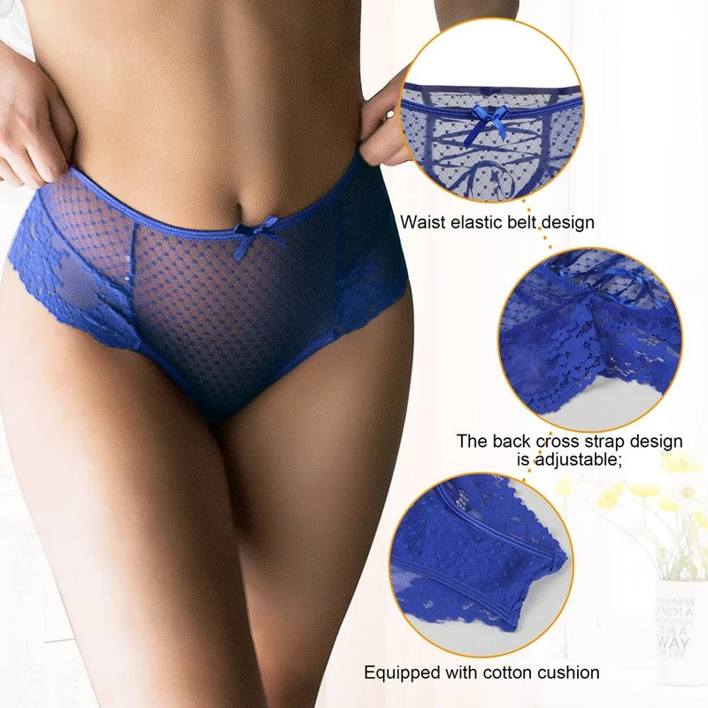 Blauer, hochgeschnittener Spitzenslip – verstellbare Träger und Baumwollzwickel