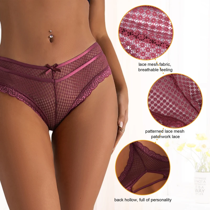 Weinroter Spitzen-Mesh-Slip – Spitzenbesatz vorne und Cut-Out hinten