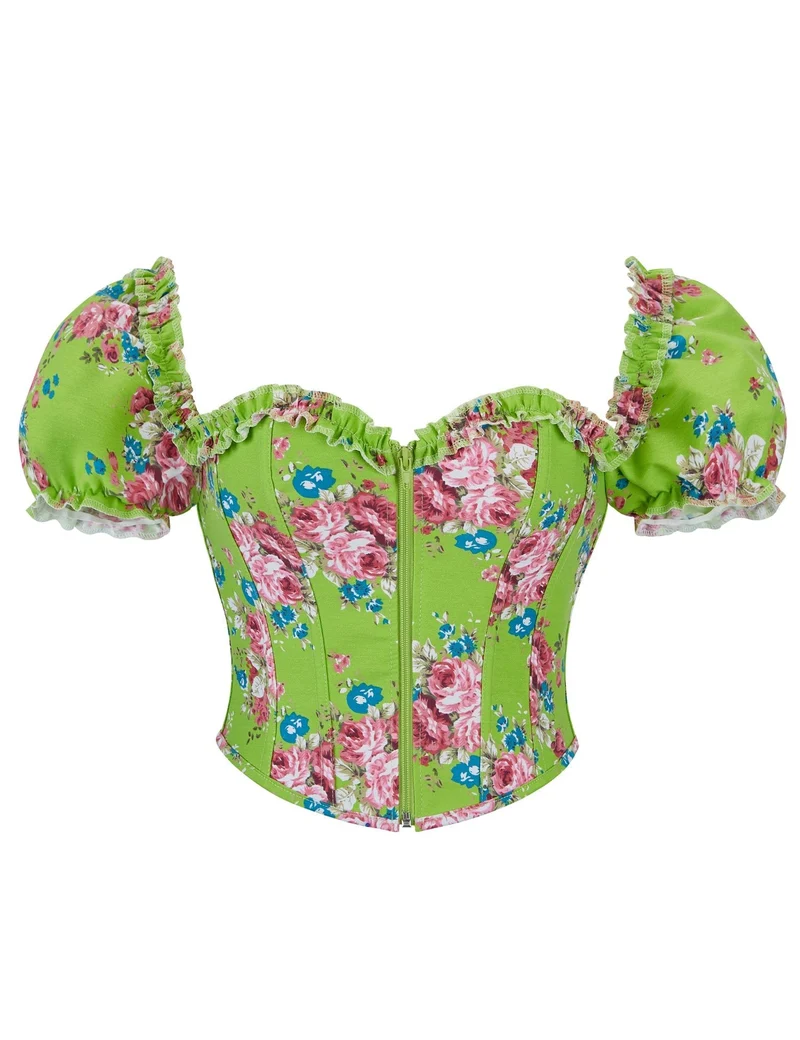 Grünes bedrucktes Korsett mit Puffärmeln und herzförmigem Bustier