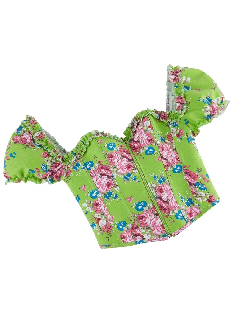 Grünes bedrucktes Korsett mit Puffärmeln und herzförmigem Bustier