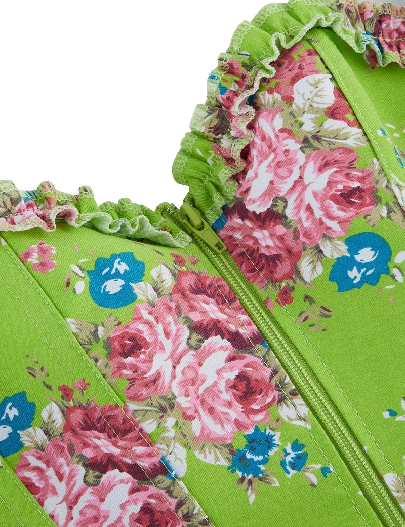 Grünes bedrucktes Korsett mit Puffärmeln und herzförmigem Bustier