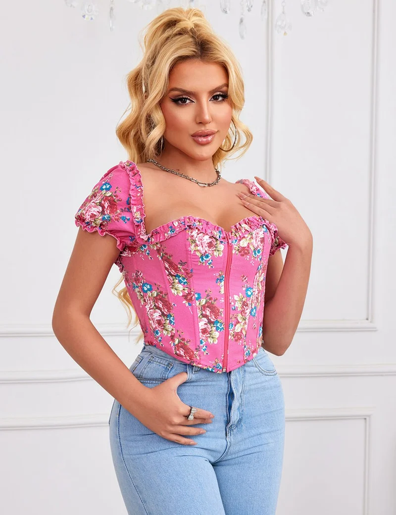 Rosa bedrucktes Korsett mit Puffärmeln und Herzbustier
