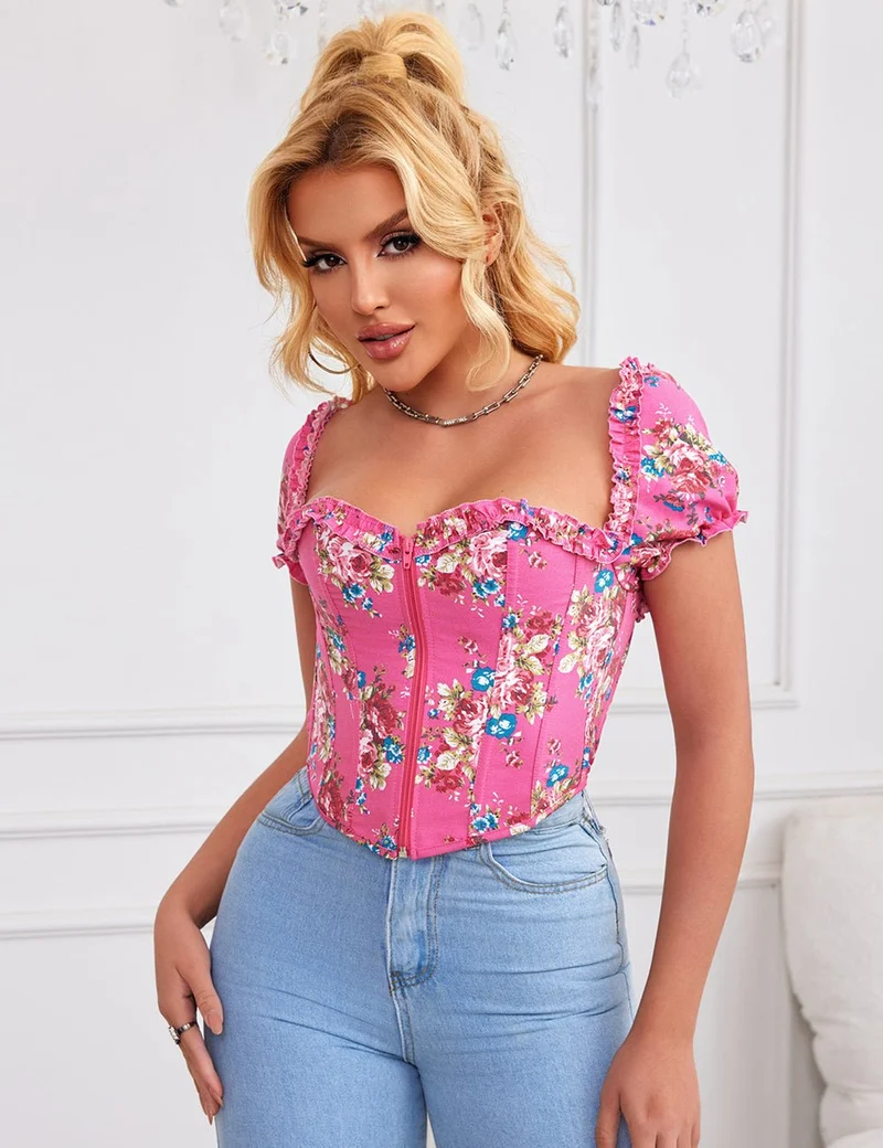 Rosa bedrucktes Korsett mit Puffärmeln und Herzbustier