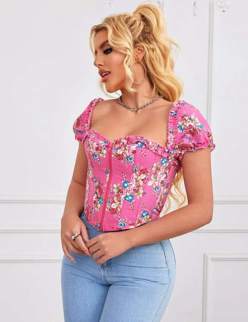 Rosa bedrucktes Korsett mit Puffärmeln und Herzbustier