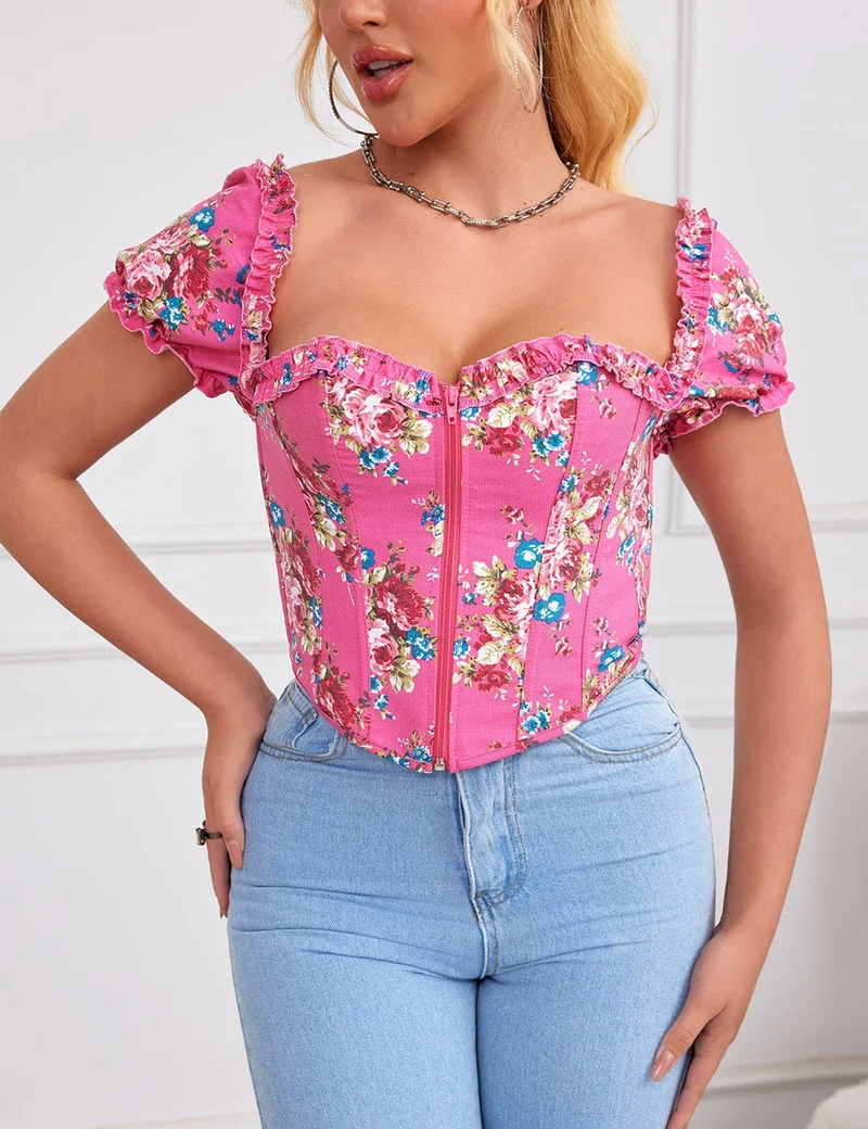 Rosa bedrucktes Korsett mit Puffärmeln und Herzbustier