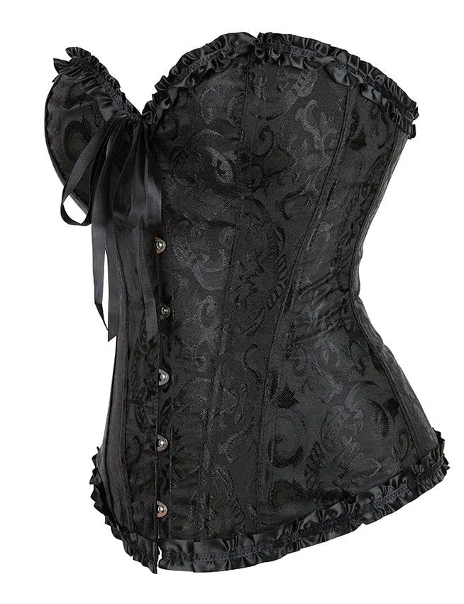 Schwarzes, trägerloses Jacquard-Korsett mit Spitzenbesatz und Schleife