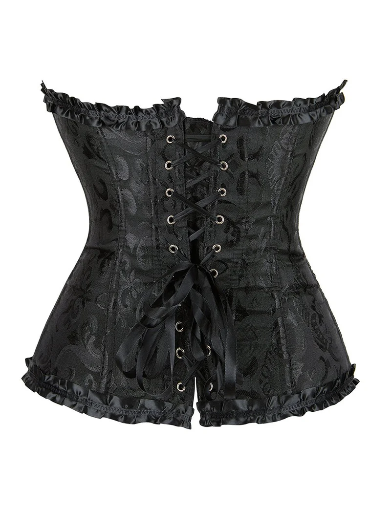 Schwarzes, trägerloses Jacquard-Korsett mit Spitzenbesatz und Schleife