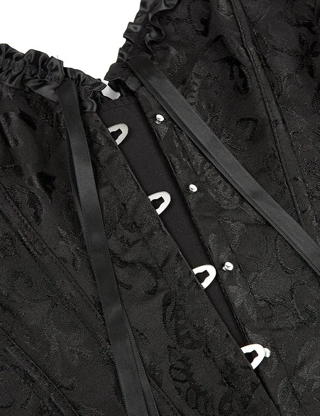Schwarzes, trägerloses Jacquard-Korsett mit Spitzenbesatz und Schleife