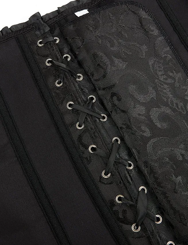 Schwarzes, trägerloses Jacquard-Korsett mit Spitzenbesatz und Schleife