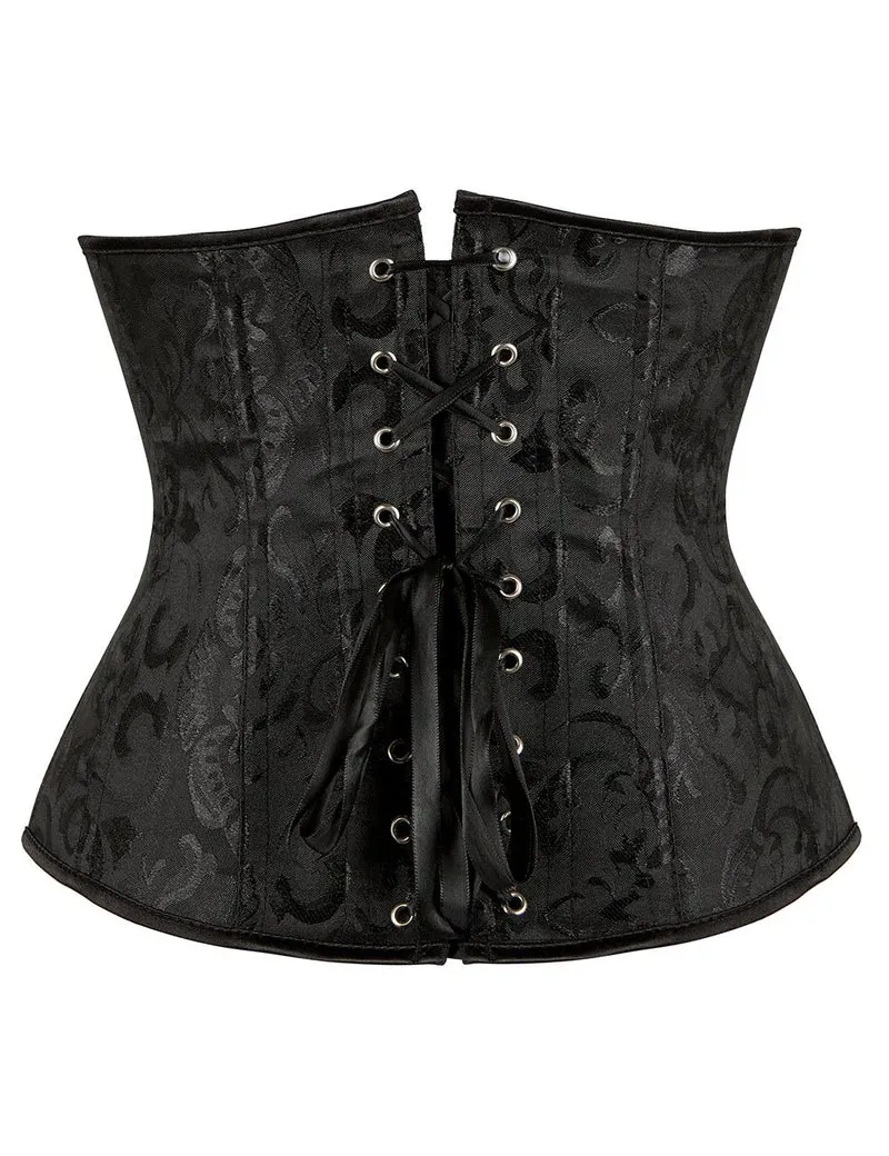 Schwarzes, trägerloses Jacquard-Korsett mit Spitze und 14 Stäbchen
