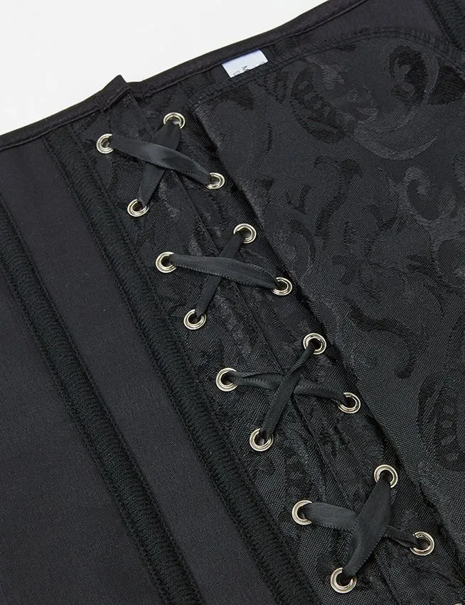 Schwarzes, trägerloses Jacquard-Korsett mit Spitze und 14 Stäbchen