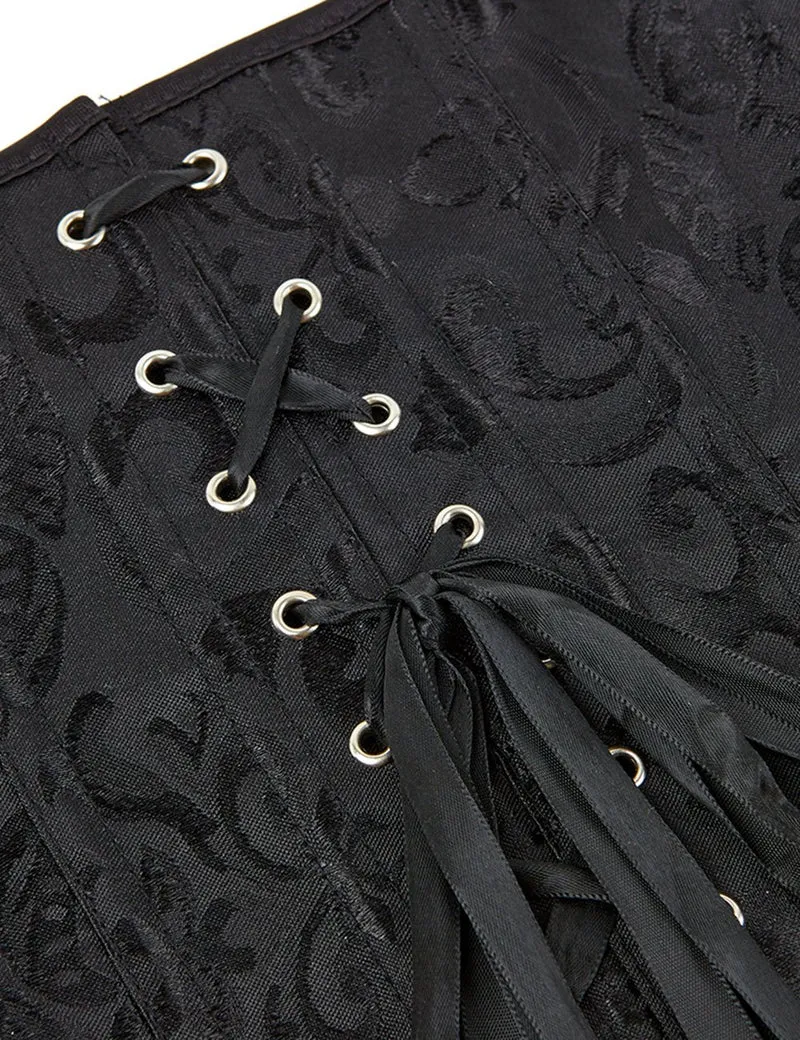 Schwarzes, trägerloses Jacquard-Korsett mit Spitze und 14 Stäbchen