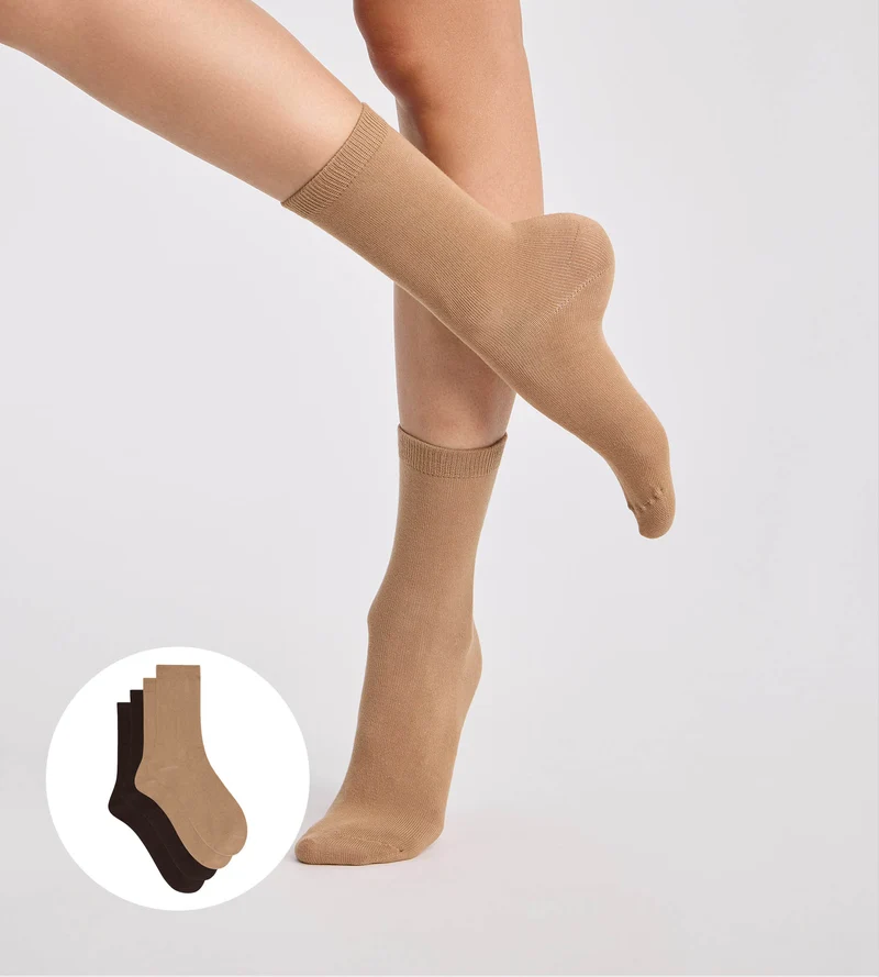 2er-Pack Damensocken aus Baumwolle in Schokoladenbraun und Taupe Thermo