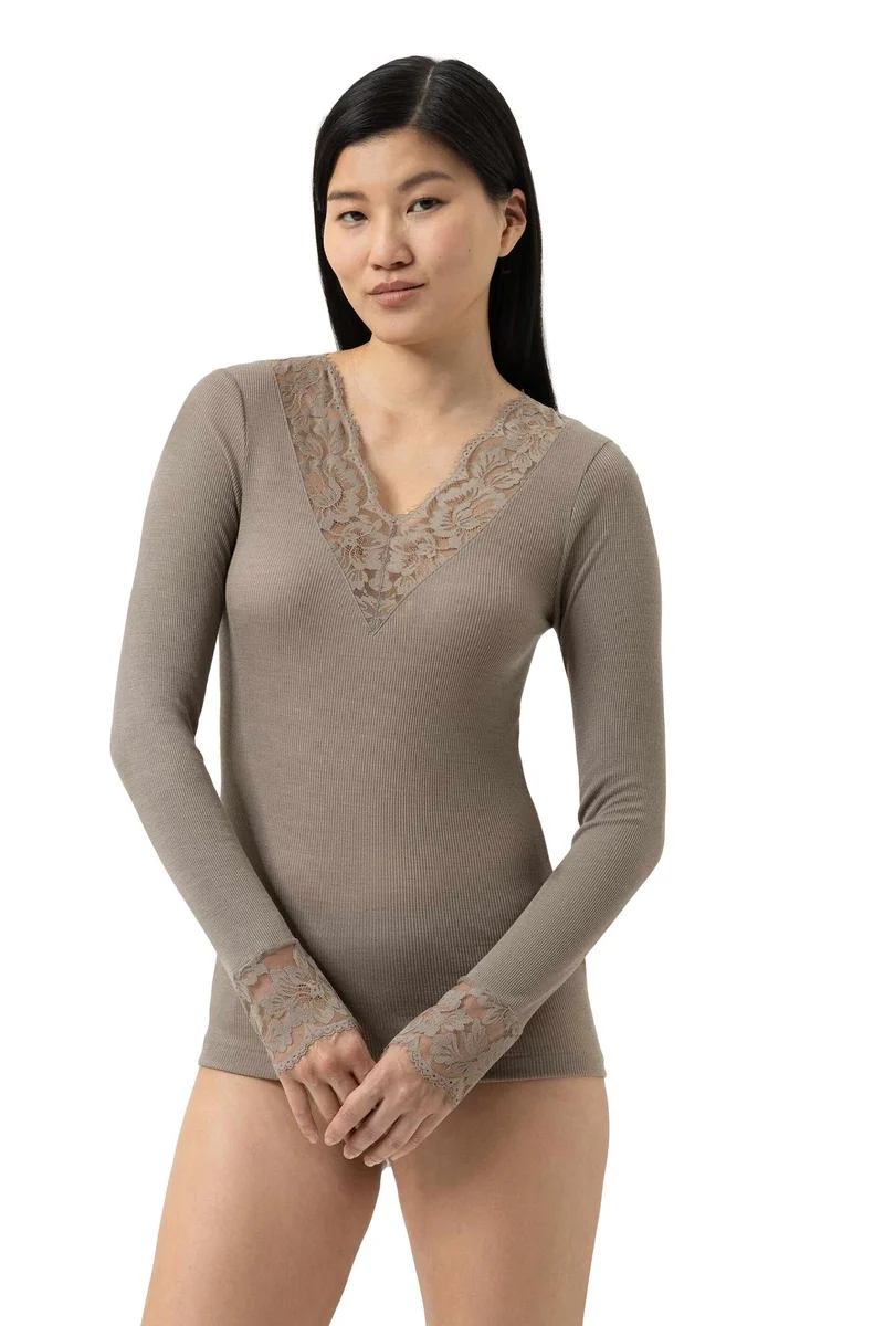 Shirt, langarm, V-Neck, mit Spitze, WOOL LOVE