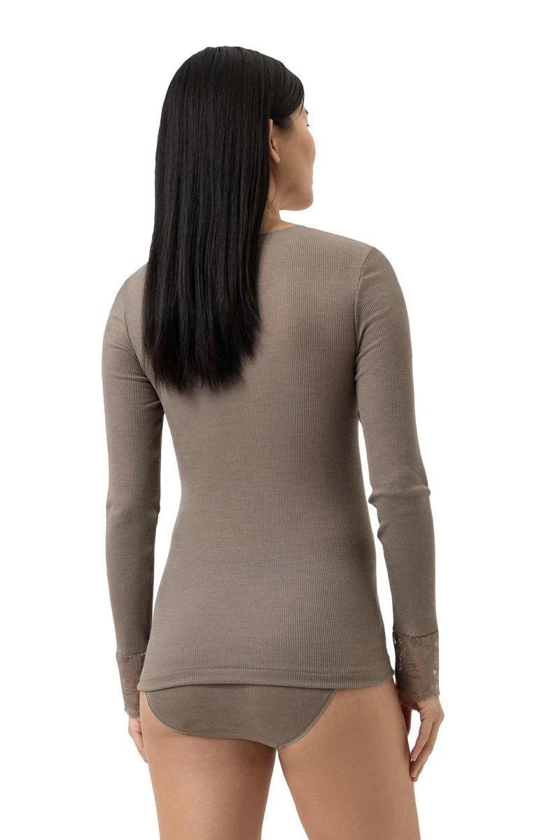 Shirt, langarm, V-Neck, mit Spitze, WOOL LOVE