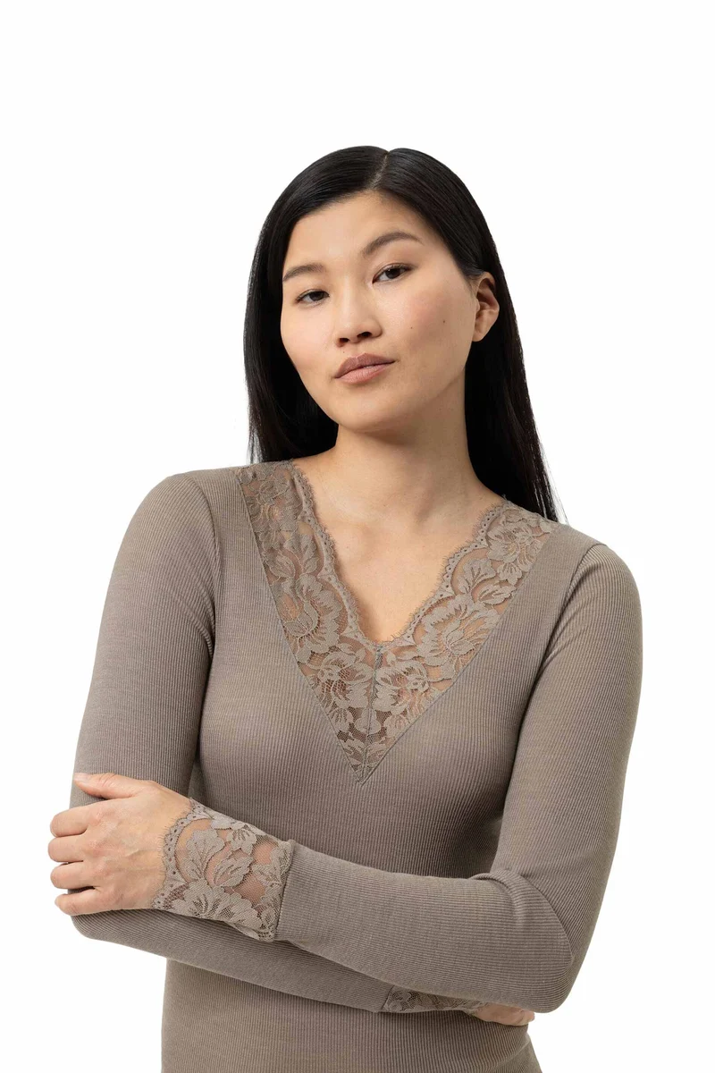 Shirt, langarm, V-Neck, mit Spitze, WOOL LOVE
