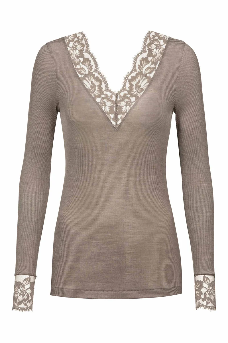 Shirt, langarm, V-Neck, mit Spitze, WOOL LOVE