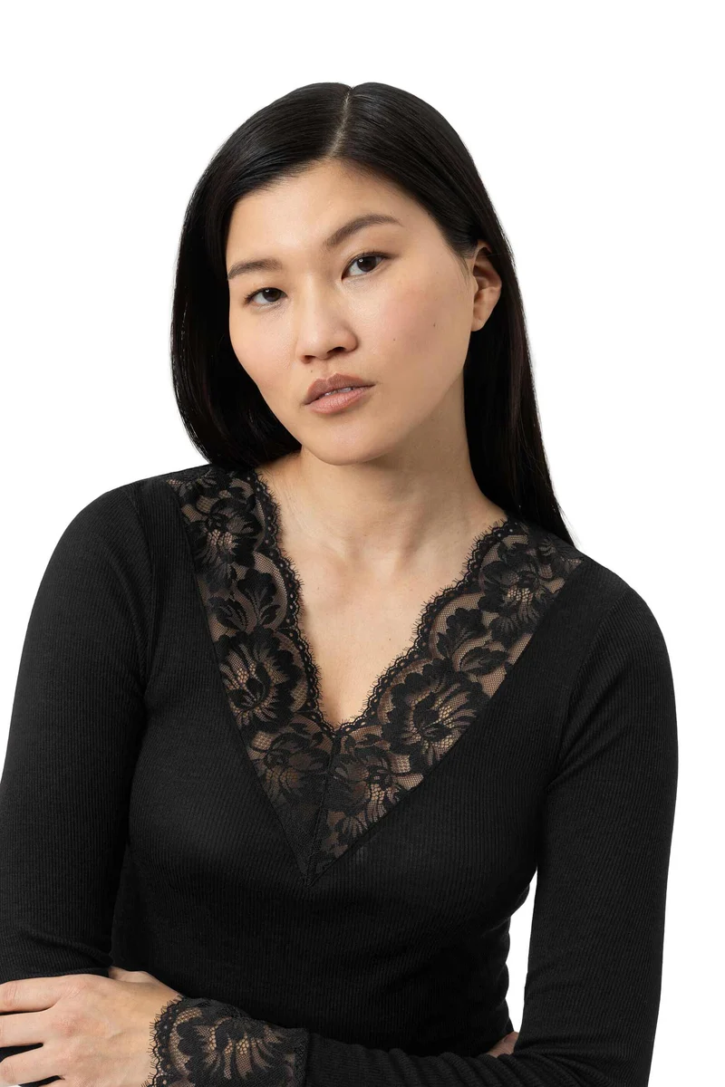 Shirt, langarm, V-Neck, mit Spitze, WOOL LOVE