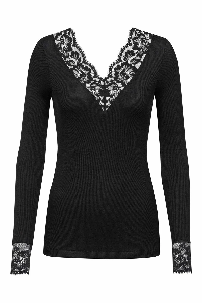 Shirt, langarm, V-Neck, mit Spitze, WOOL LOVE