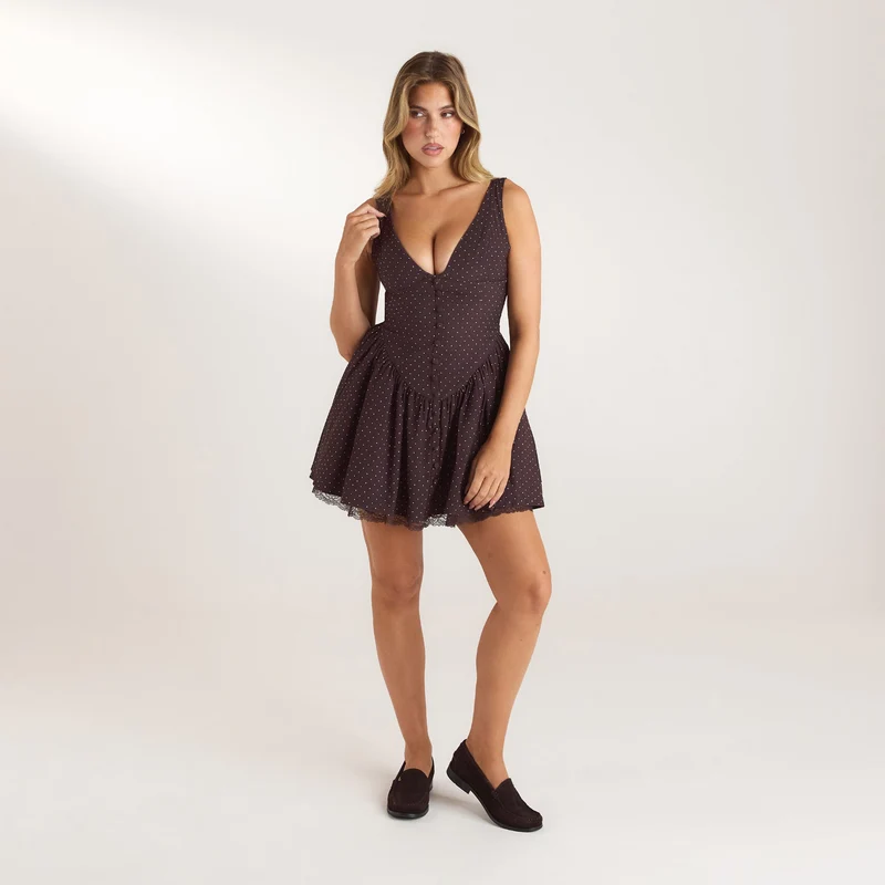 Lace Trim Plunge Mini Dress - Chocolate Polka Dot
