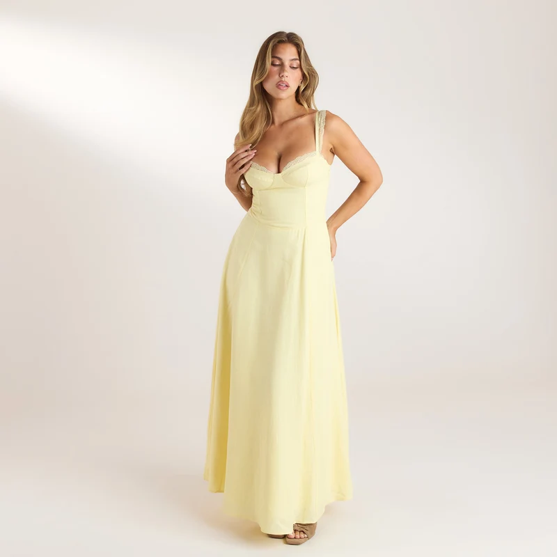 Lace Trim Maxi Dress - Lemon