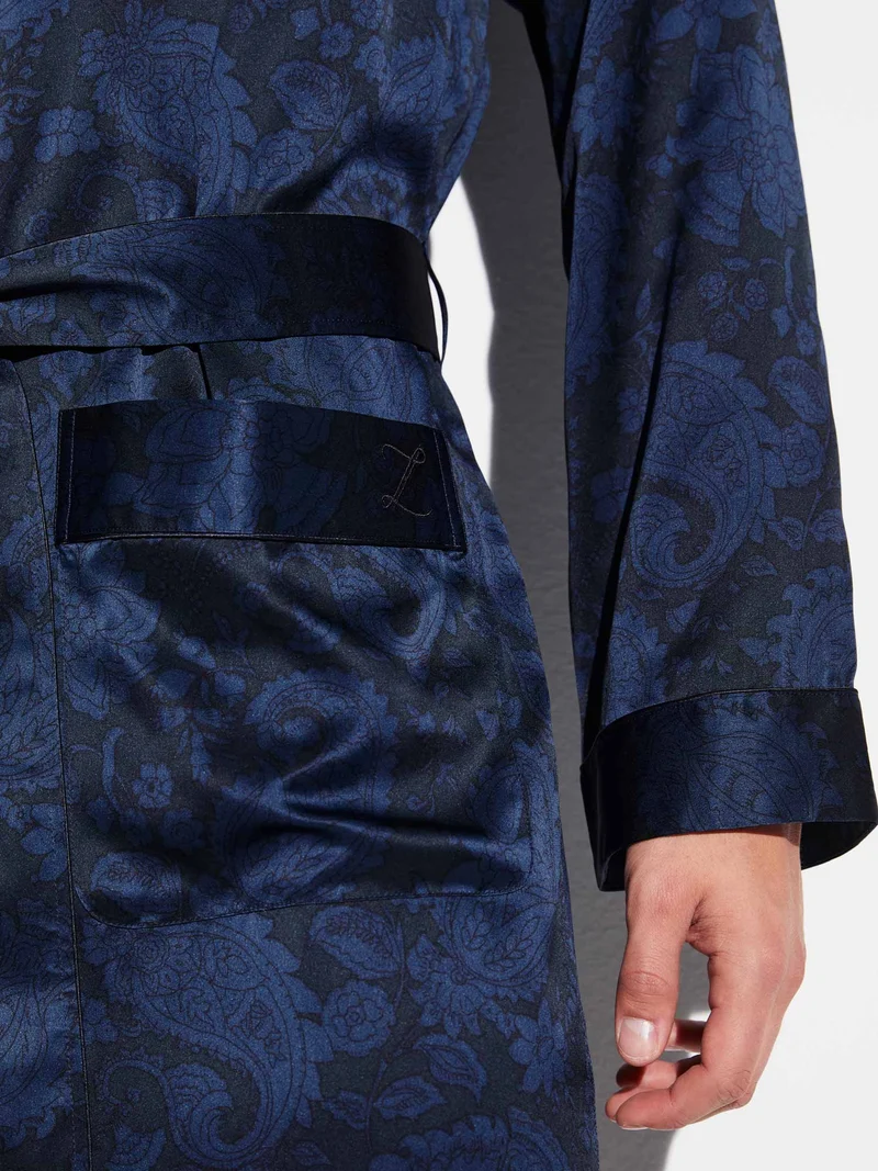 Morgenmantel, Robe Long, paisley dark blue, Grösse M, 6000 SILK NIGHTWEAR - perfektes Geschenk für Ihn!