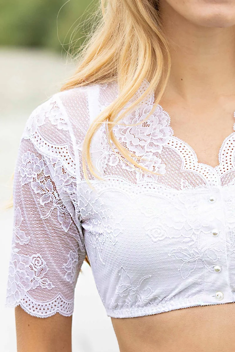 Dirndl-Bluse, halbarm, mit dekorativen Kanten, JULIA - Einzelstücke in weiss, Grösse 40