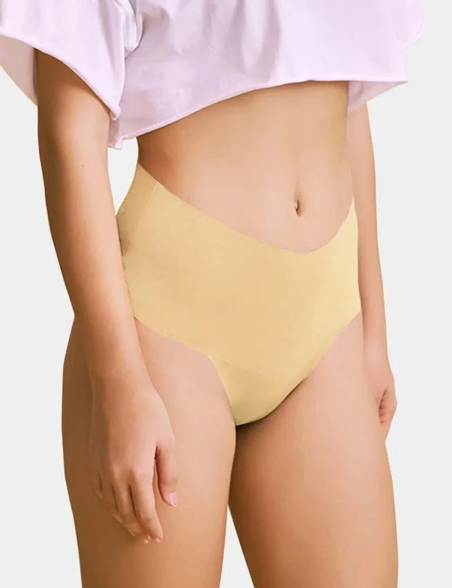 Nahtloser String-Tanga aus hautfarbener Eisseide mit hohem Bund – Beinöffnung zum Kürzen