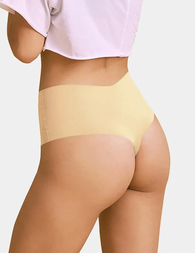 Nahtloser String-Tanga aus hautfarbener Eisseide mit hohem Bund – Beinöffnung zum Kürzen