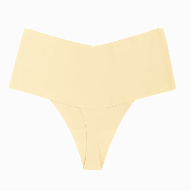 Nahtloser String-Tanga aus hautfarbener Eisseide mit hohem Bund – Beinöffnung zum Kürzen